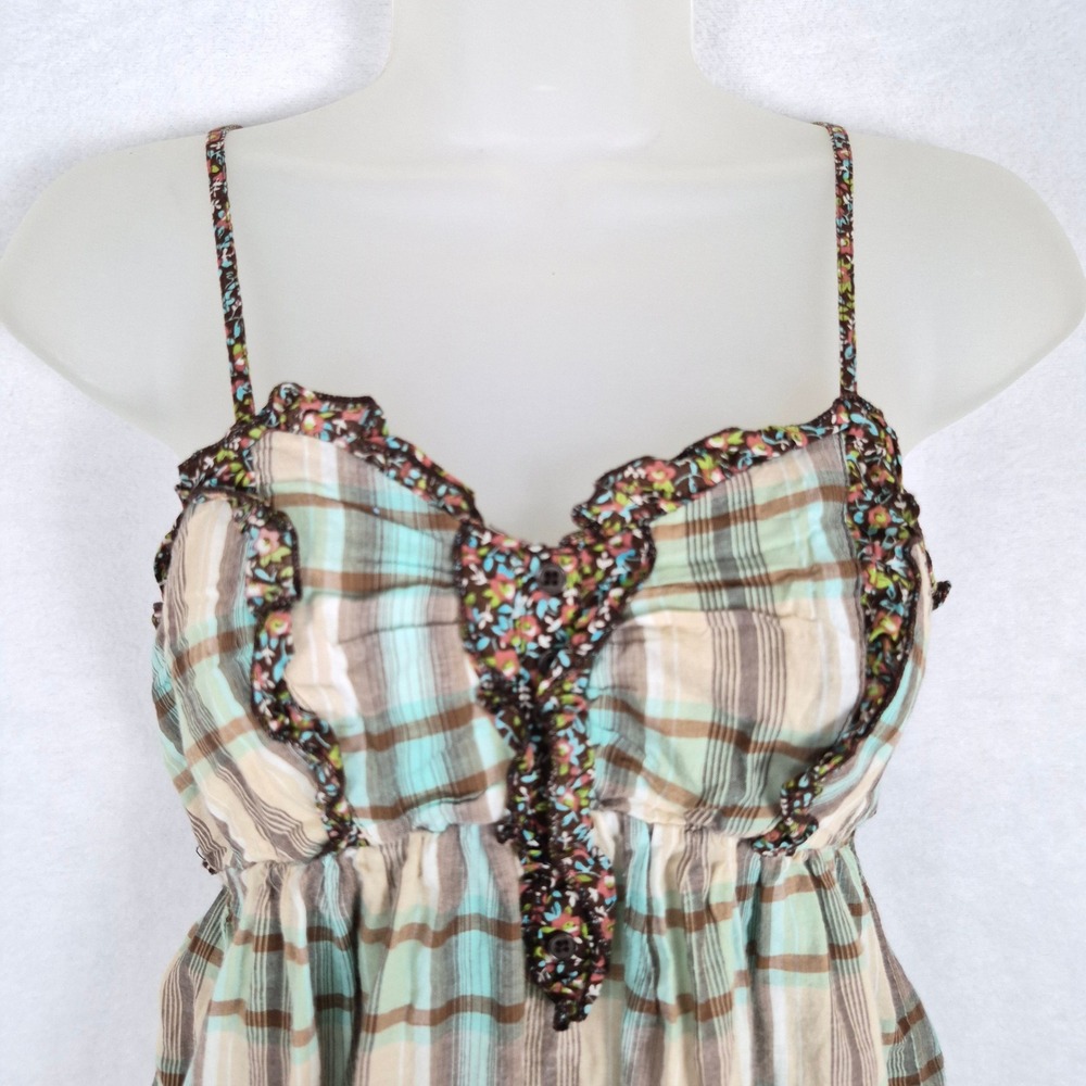 Mossimo Supply y2k 90s Plaid Floral Ruffle Cami Top Mint Brown Small Babydoll - Picture 2 of 11